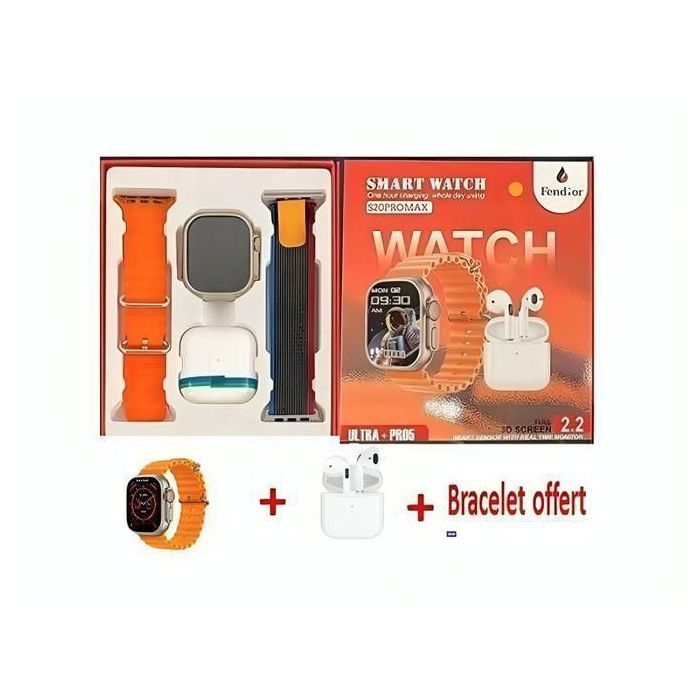 Montre Connectée S20 Pro Max 2,2″ + Écouteurs Intégrés – Bluetooth 5.0, Charge Rapide Sans Fil