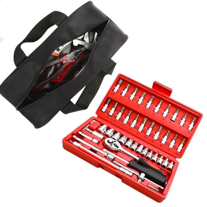 Ensemble d’outils multifonction avec clés et embouts 46 pièces + Sac de Rangement pour Outils Ménagers
