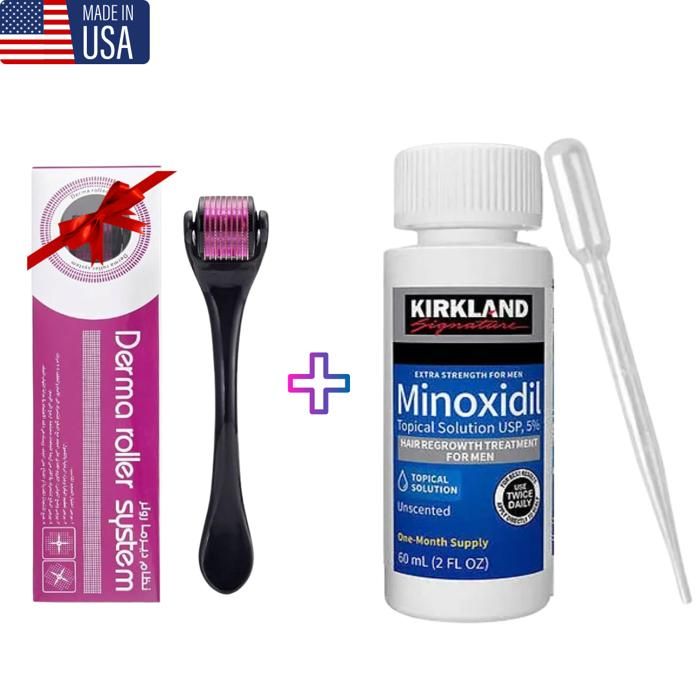 Traitement capillaire - KIRKLAND - Minoxidil 5% - 60ml + Derma roller - Anti-chute cheveux