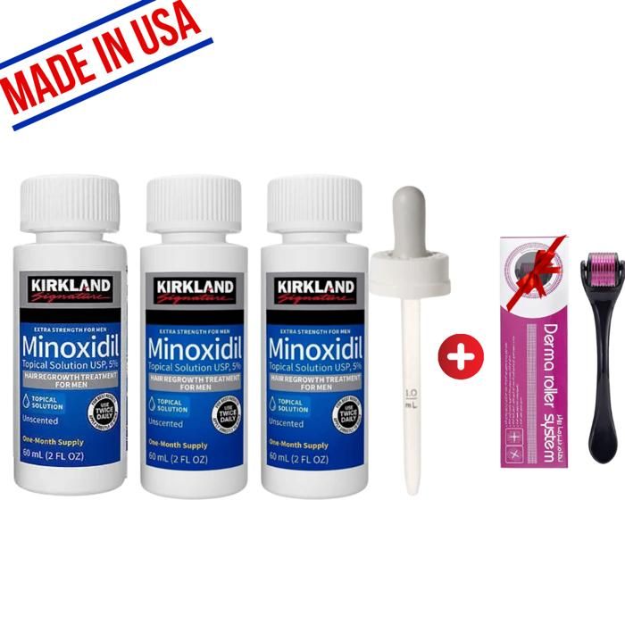 Traitement capillaire - KIRKLAND - Minoxidil 5% - 3x60ml - Pour hommes - Derma roller