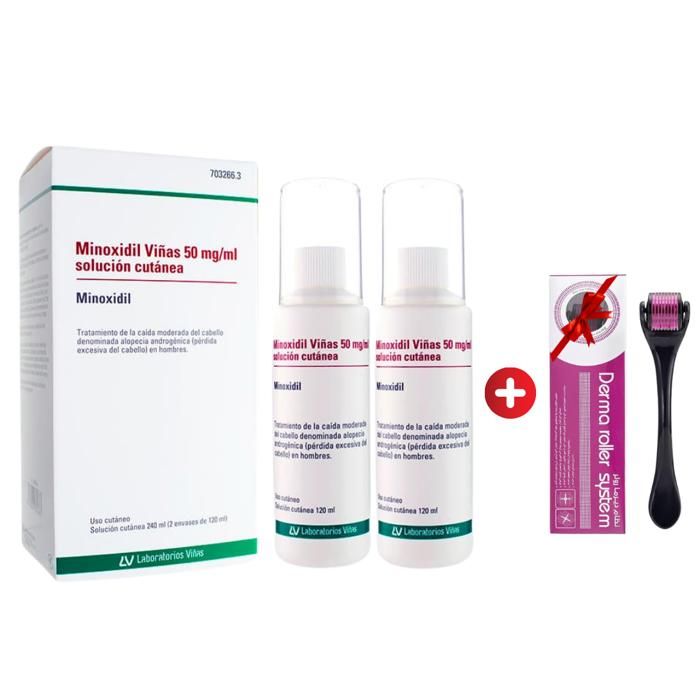 "Minoxidil 5% Viñas (2x120ml) + derma roller Cadeaux  "
