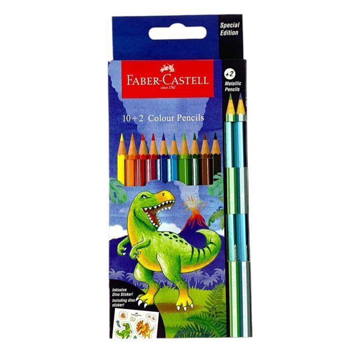 Crayons Couleur - FABER CASTELL - Dino - 12 pièces - 10 classiques + 2 pastels - Ergonomiques