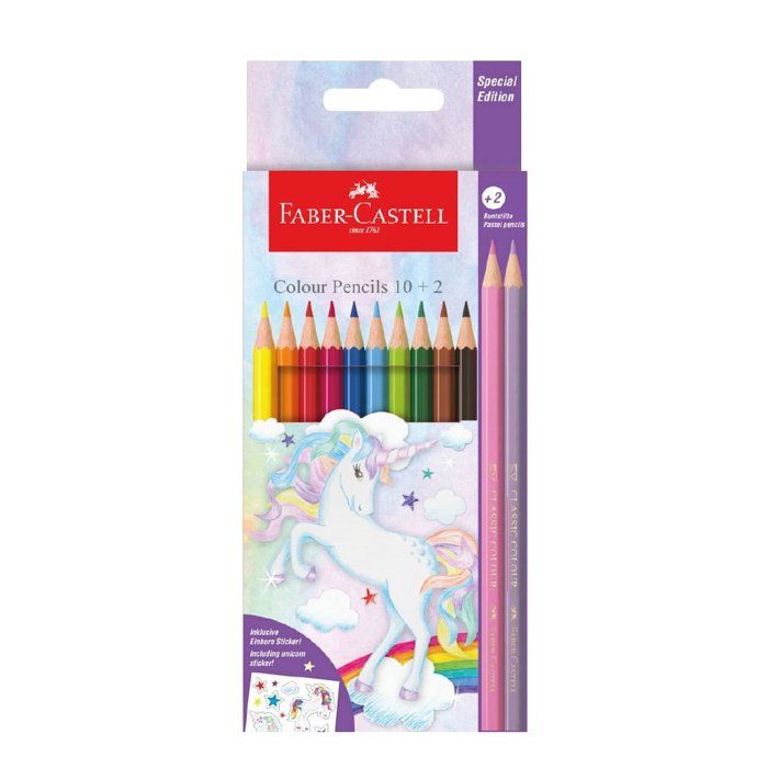 Crayons Couleur - FABER CASTEL - Unicorn - 10 Couleurs Vives - 2 Teintes Pastel - 12 Crayons