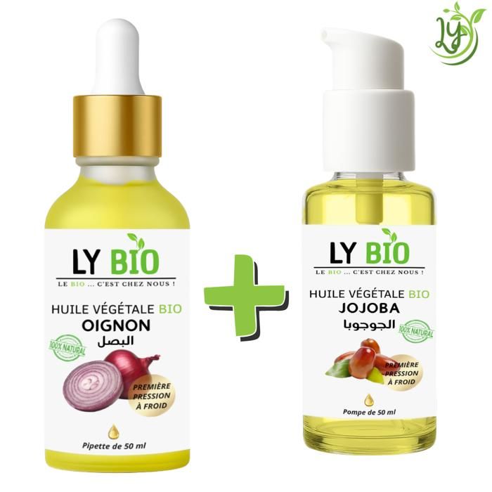 Pack de soins naturels - LYBIO - Huile Oignon 50ml - Pipette - Huile Jojoba 50ml - Pompe