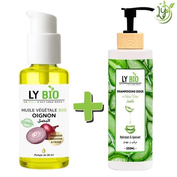 Pack de soins capillaires - LYBIO - Huile d'oignon 50ml - Shampooing Aloe Vera 200ml - Hydratant - Apaisant
