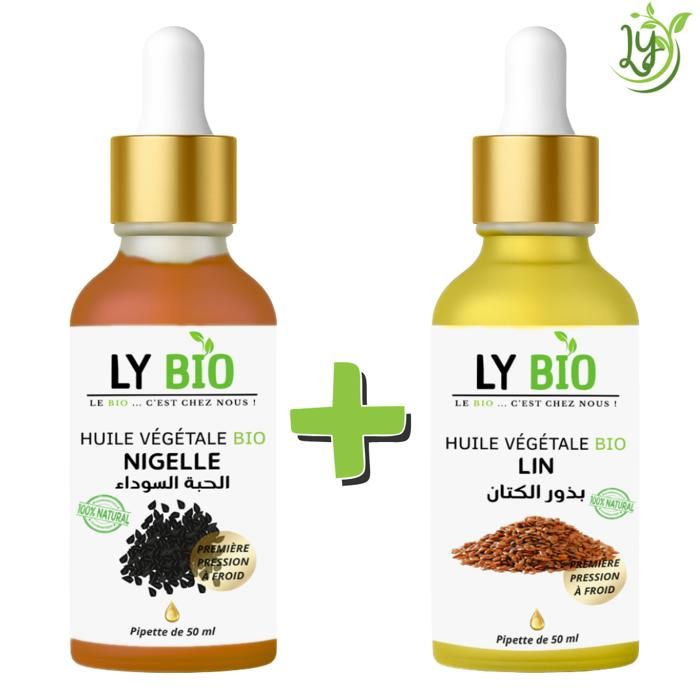 Pack Huile - LYBIO - Huile Nigelle 50ml - Pipette - Huile Lin 50ml - Pipette - Réparateur