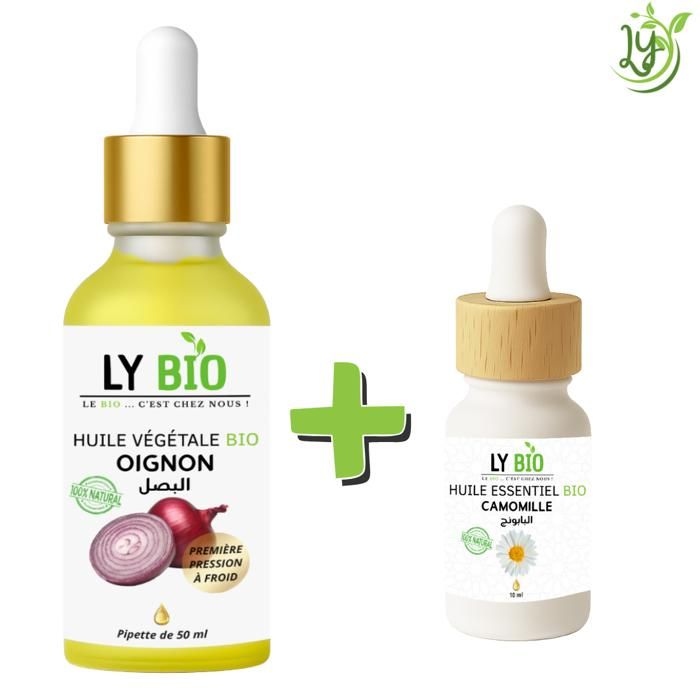 Pack de soins - LYBIO - HUILE OIGNON 50ML - PIPETTE - HUILE ESSENTIEL CAMOMILLE 10ML - Tous types de cheveux