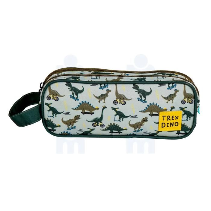 Trousse - AUCHAN - Dino - 2 zips - Kaki - 9x7x23cm