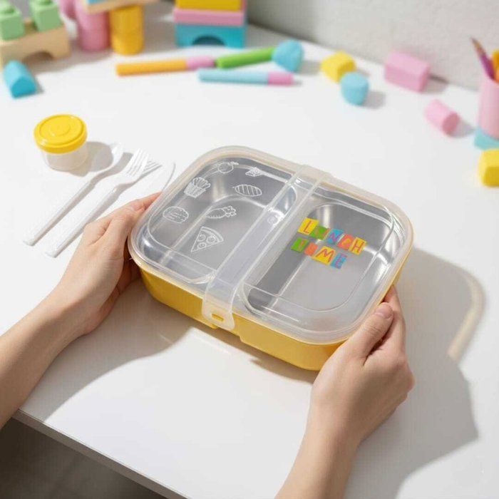 Boîte à repas - AYA HOME - Lunch box inox - 2 compartiments - Couverts inclus - Jaune