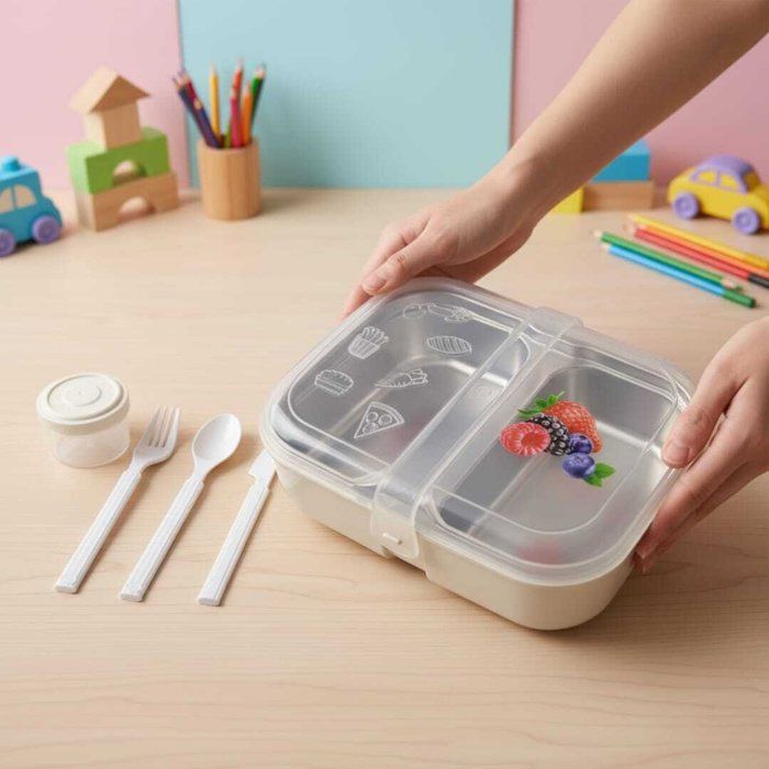 Boîte à repas - AYA HOME - Lunch box inox - 2 compartiments - Couverts inclus - Beige