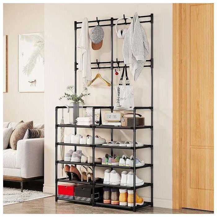 Meuble Porte manteau Multifonction avec Banc, Rangement à Chaussures, 5 Étagères et 8 Crochets