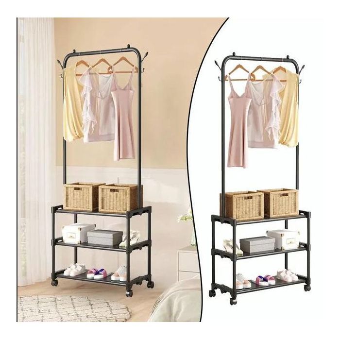 Porte-Manteaux d’Entrée avec Étagère à Chaussures à 3 Niveaux, Cadre en Métal Noir, Style Moderne et Pratique