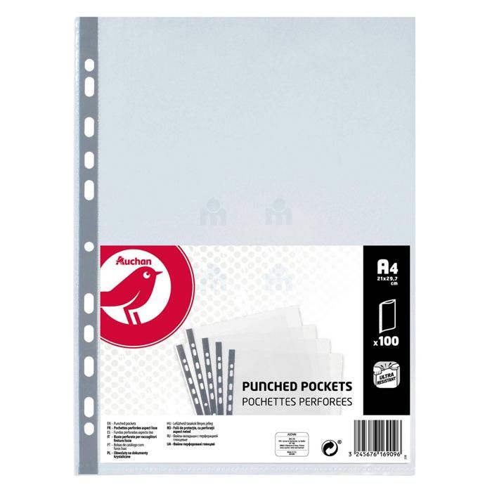 Lot de 100 pochettes plastiques perforées lisses A4 - AUCHAN