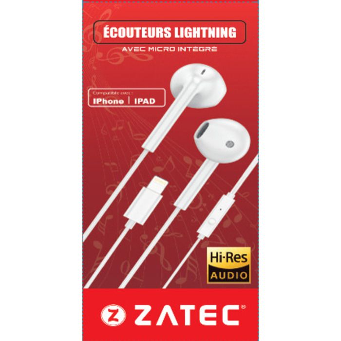 Ecouteurs filaires avec micro intégré  Connecteur : LIGHTNING Longueur: ±1.20m + PILES ALCALINES AAA*2  ZATEC