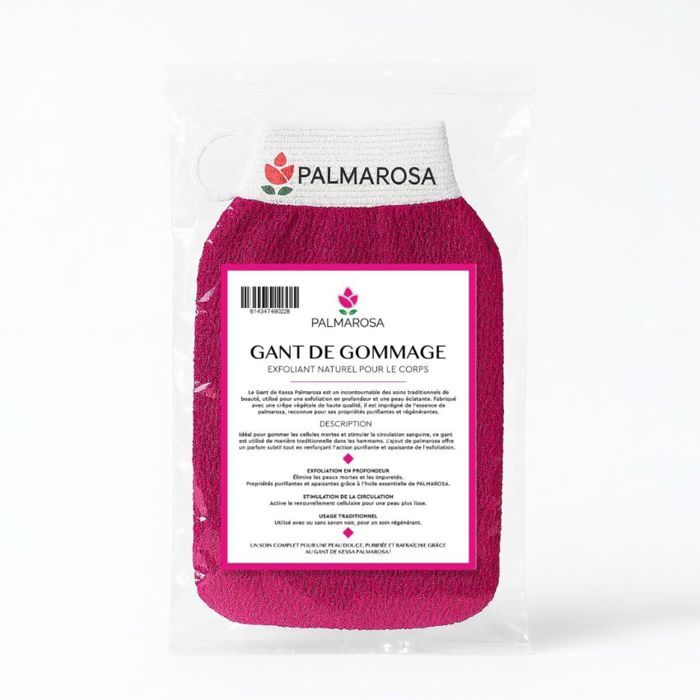 Gant de gommage - PALMAROSA - Rose - Élimine les impuretés - Stimule la circulation - Usage régulier