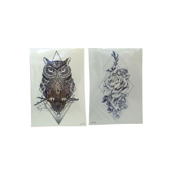 Tatouage 2 feuilles d'autocollant motif hibou et fleur - Noir