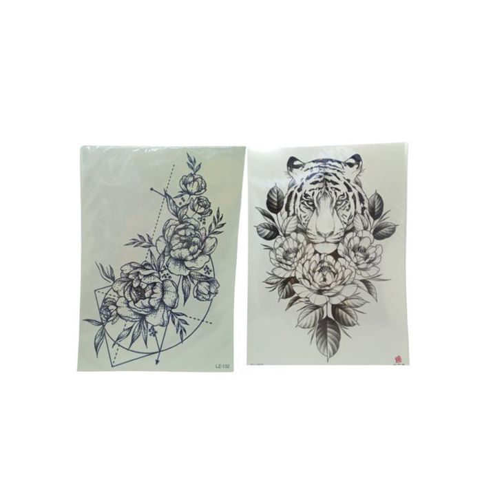 Tatouage 2 feuilles d'autocollant motif tigre et fleur - Noir