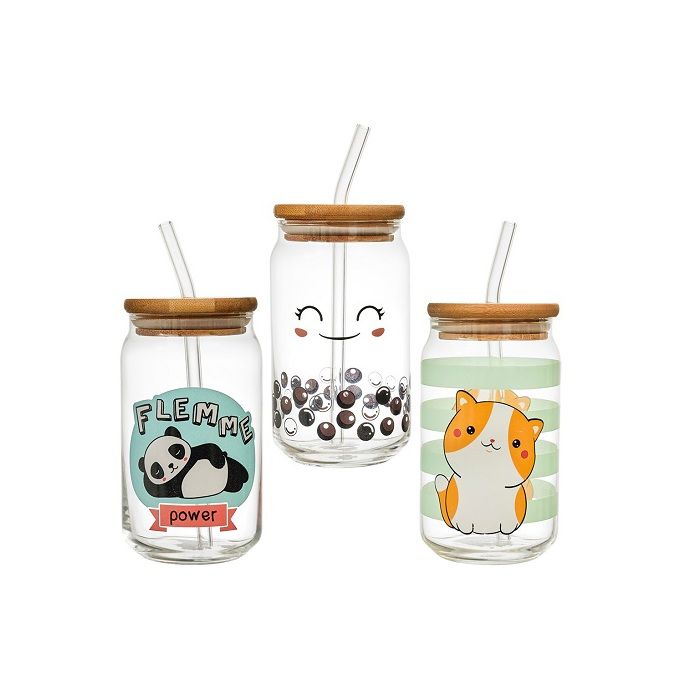 Verre - GENERIC - Kawaii - 45 cl - Couvercle en bambou - Paille réutilisable - Enfant