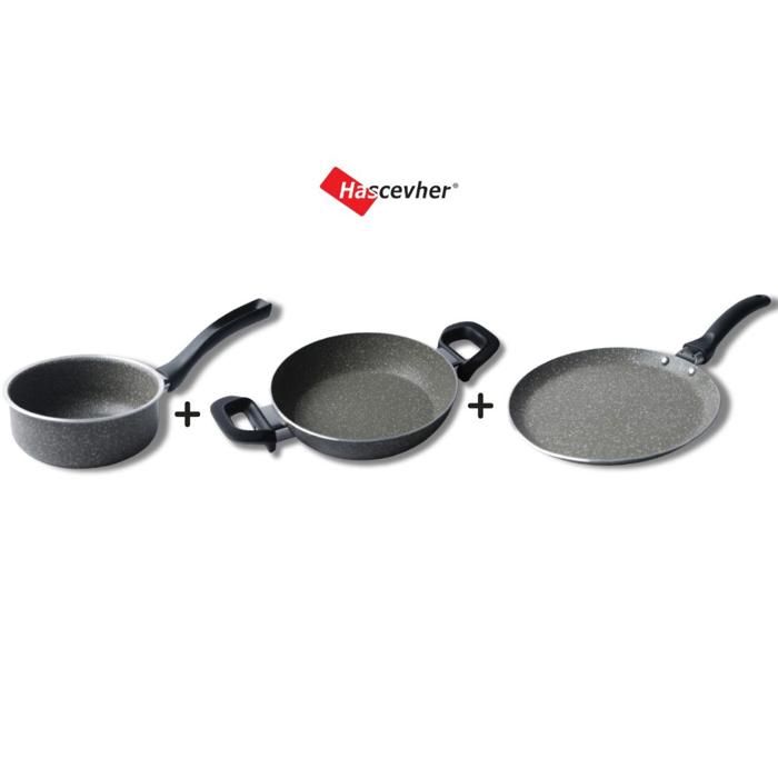 Ensemble de cuisson 3 pièces : Poêle 18 cm, Casserole 16 cm et Crêpière 20 cm