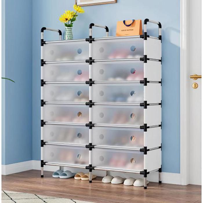 Étagère à chaussures 2 Rangées et 7 Niveaux, Grande Capacité Anti-Poussière