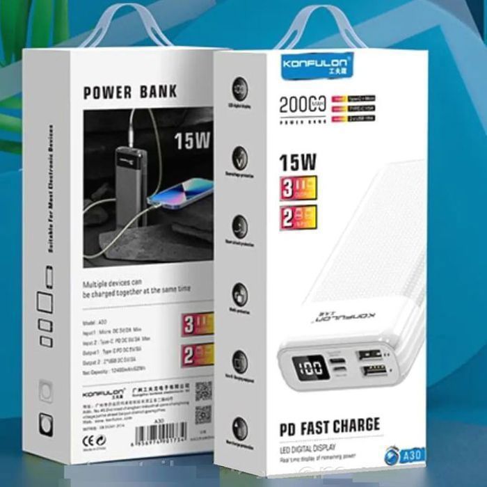 Power bank 20000mah batterie externe Charge Portable noir Type C input output, couleur aléatoir