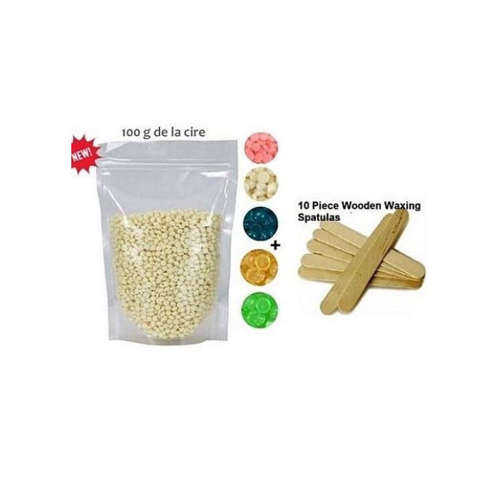 Cire de film chaud en granules pour l'épilation - 100g + 10 spatules en bois