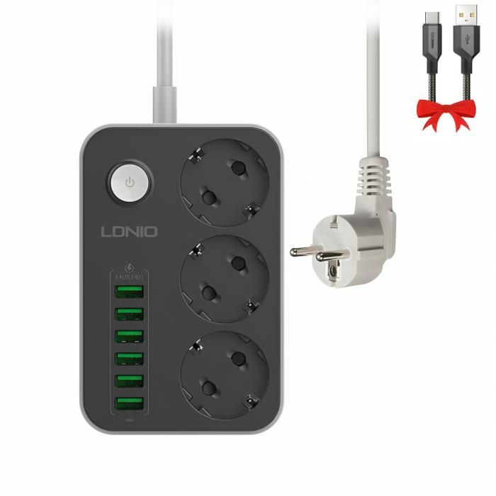 LDNIO SE3631 – Multiprise Électrique avec 3 Prises AC et 6 Ports USB + cable recci