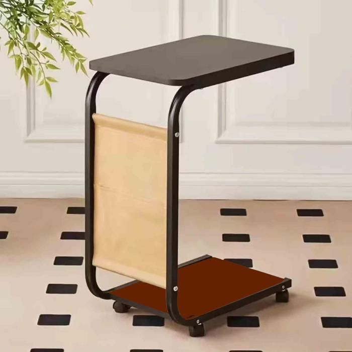 Table d'appoint élégante en forme de C avec roulettes, Design Contemporain avec Plateau en Bois et Cadre Métallique