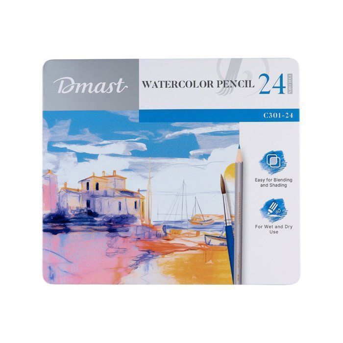 Coffret de 24 crayons de couleur aquarellables DMAST – Utilisation sèche ou humide – Avec pinceau – Deli x Pébéo