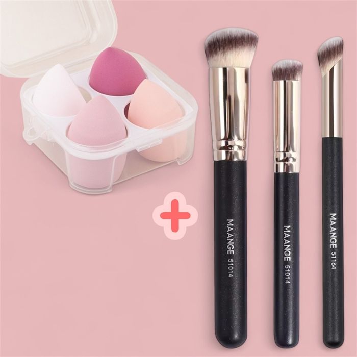Set de Pinceaux et Éponges - MAANGE - 3 Pinceaux + 4 Éponges - Boîte Pratique - Application Professionnelle