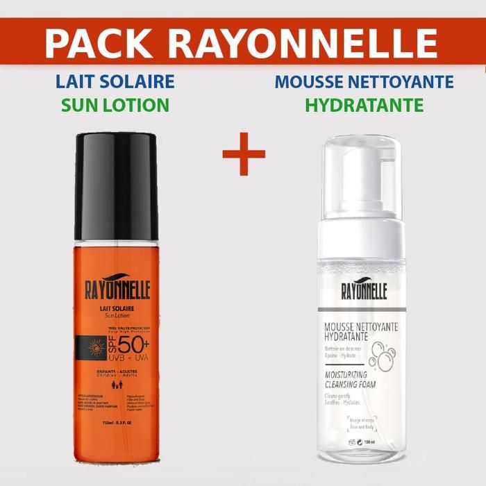PACK : Lait Solaire SPF 50+ UVA/UVB  150 ml + Mousse nettoyante hydratante 150ml
