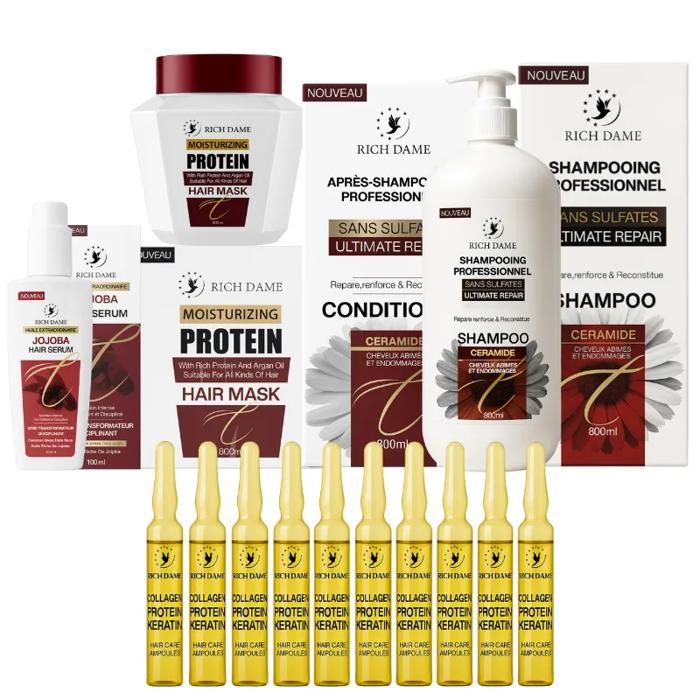 Kit Soin Capillaire Professionnel RICH DAME  shampoing, après-shampoing, masque, sérum et 10 ampoules. Soin réparateur professionnel
