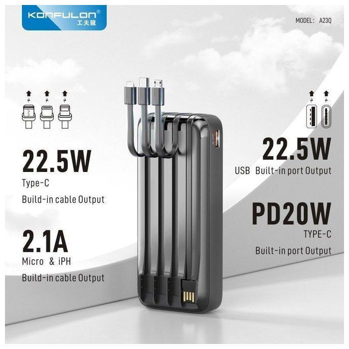 Konfulon Power bank 20000mAh Charge rapide Batterie externe de charge super rapide avec 4 câbles intégrés Charge rapide