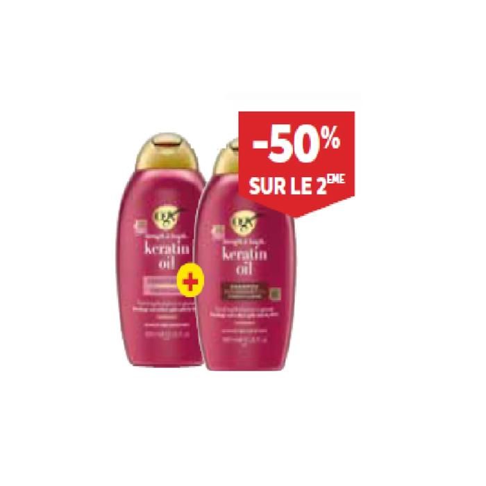 Shampooing kératine 385ml + Après shampoing  -50% sur le 2ème - OGX