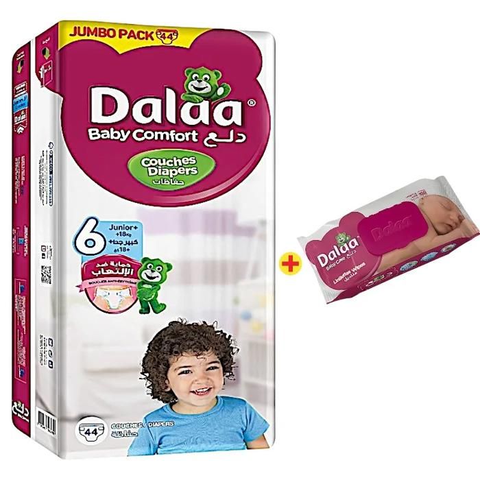 Couches bébé Jumbo Pack Taille6 junior plusx44unités+paquet de100lingettes-DALAA