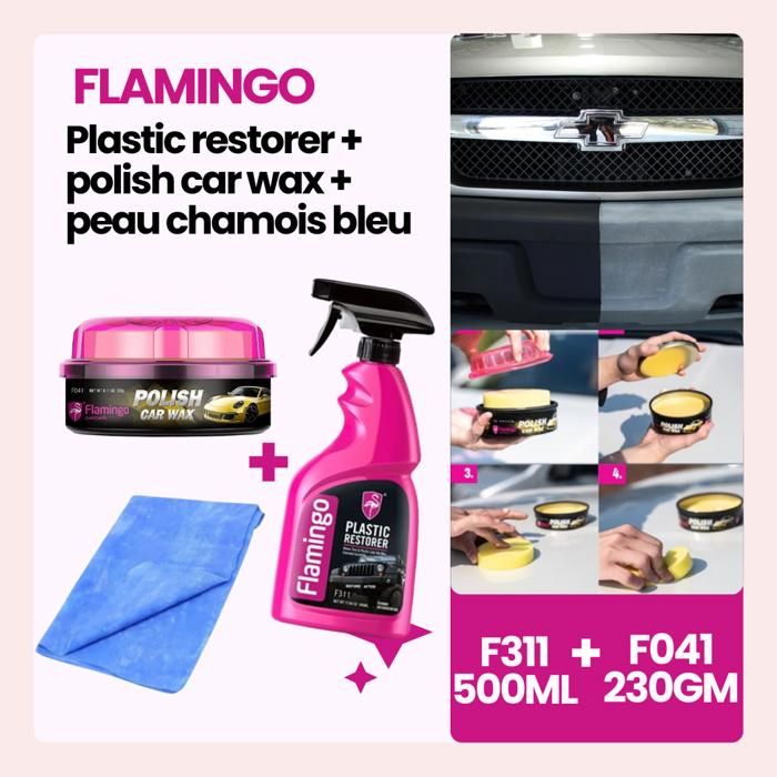 Pack 3 Flamingo Plastique Restorer 500ml + Flamingo Polish Car Wax + Peau de Chamois Bleu
