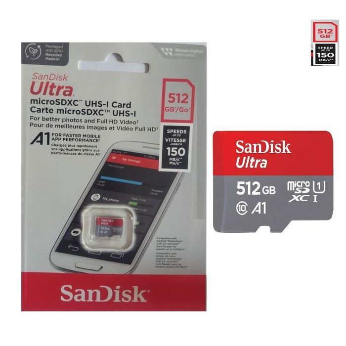Sandisk Ultra Carte mémoire Ultra MicroSDXC UHS-I 512GB vitesse 150 Mo/s, C10, U1, Full HD, A1
