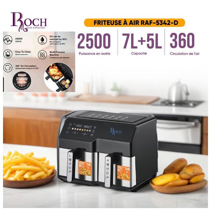 Roch Air fryer Friteuse sans huile multifonctions XL, avec écran tactile, Panier double 7L+5L
