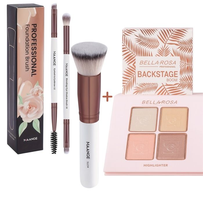 Coffret Maquillage - MAANGE - Pack Bellarosa - 4 Teintes Highlighter - Pinceaux Professionnels - Teint Éclatant