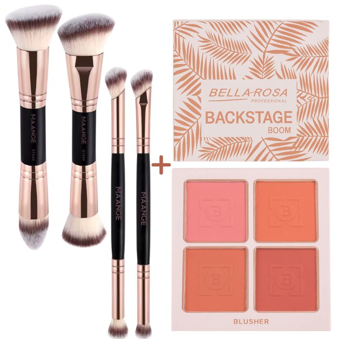 Coffret maquillage - MAANGE - Palette Blush Bellarosa - 4 teintes - 4 pinceaux professionnels - Fini naturel