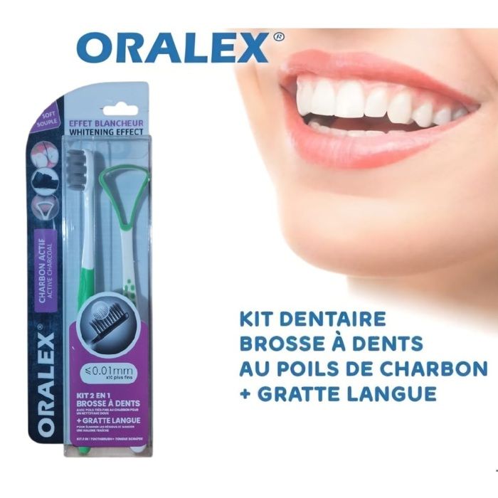 Kit dentaire - ORALEX - Brosse à dents + Gratte langue - Antibactérien - Charbon - Vert