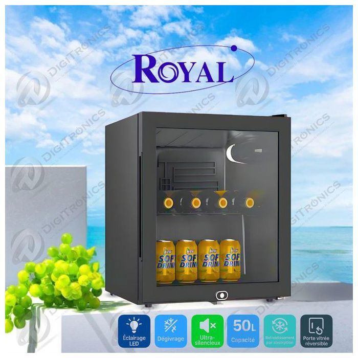 Mini-Bar 50L Porte Vitrée Réversible, Silencieux, Éclairage LED, Fermeture à Clé, SC-50