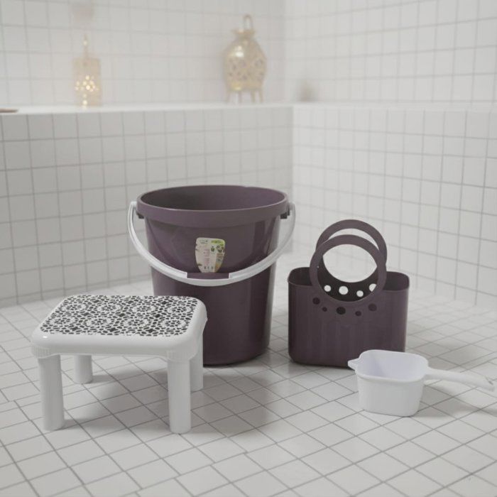 Pack hamam couleur mauve -un seau 25 l ,une chaise et broc avec bec pratique et un panier assortis