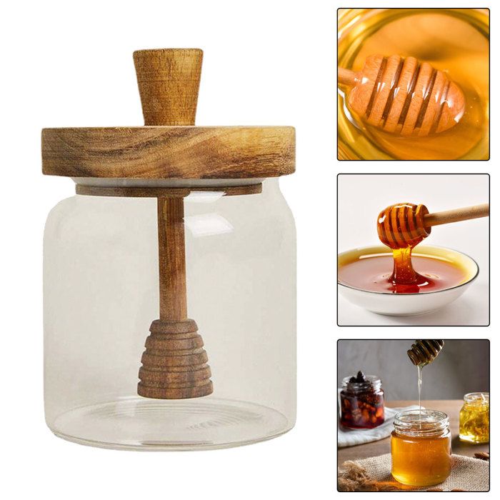 Pot à miel en verre avec couvercle en bois et cuillère pratique intégrée – Design élégant et pratique 11/9cm