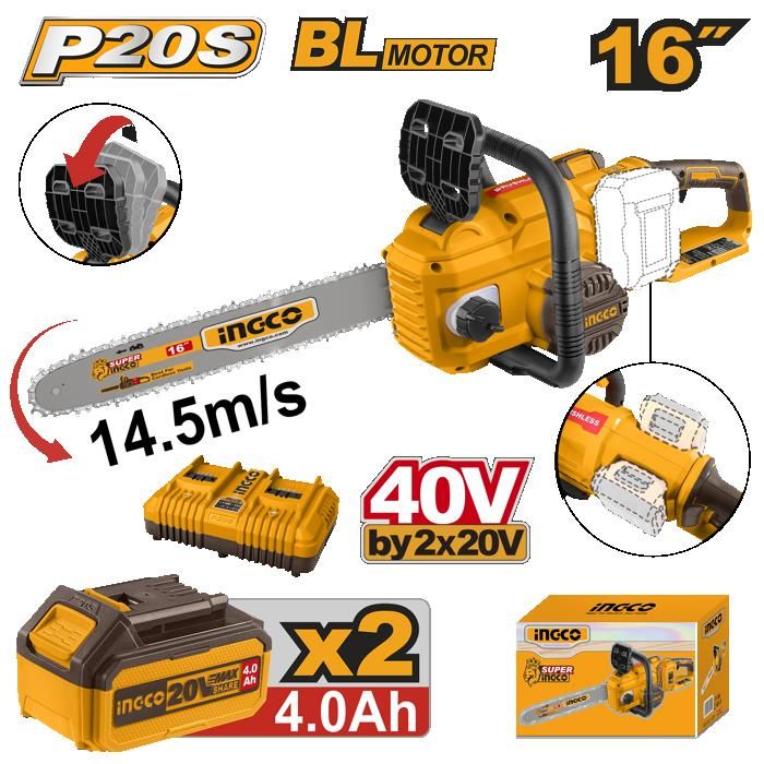 INGCO - Tronçonneuse à chaîne 20V 2BAT 4Ah 16" 400mm