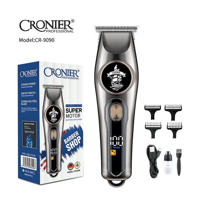 Tondeuse professionnelle sans fil Cronier CR-9090, moteur puissant, lames inox, autonomie 110 min, idéale barbe & cheveux