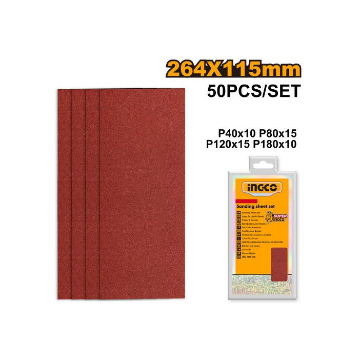 INGCO - Jeu feuilles abrasives ponçage 50pcs 264*115mm