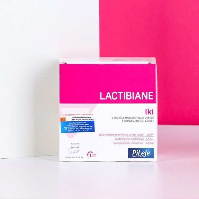 PiLeje Lactibiane Iki est un complément alimentaire composé de 3 souches probiotiques dosées à 40 milliards par sachet.