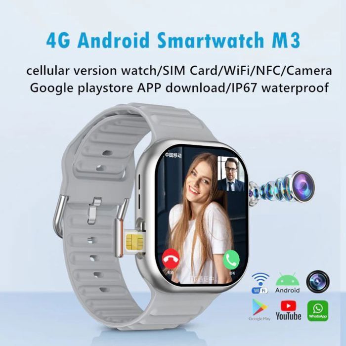 Smartwatch 4G Android avec Carte SIM, WiFi, Caméra Rotative,silver,GPS et Google Play Store – Modèle M3