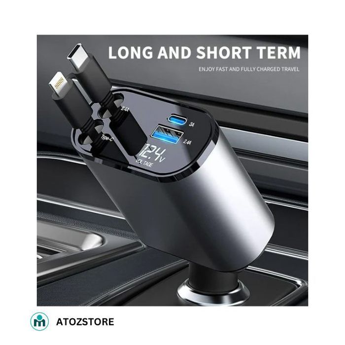 Chargeur de Voiture USB-C + USB avec Câbles Rétractables Lightning & Type-C, Charge Rapide pour Tous Smartphones, couleur aléatoir